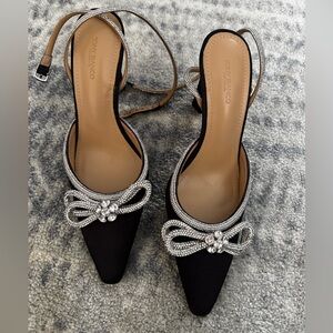 Tony Bianco Black Satin Rhinestone Bow Weeding Party Shoe Size 7.5